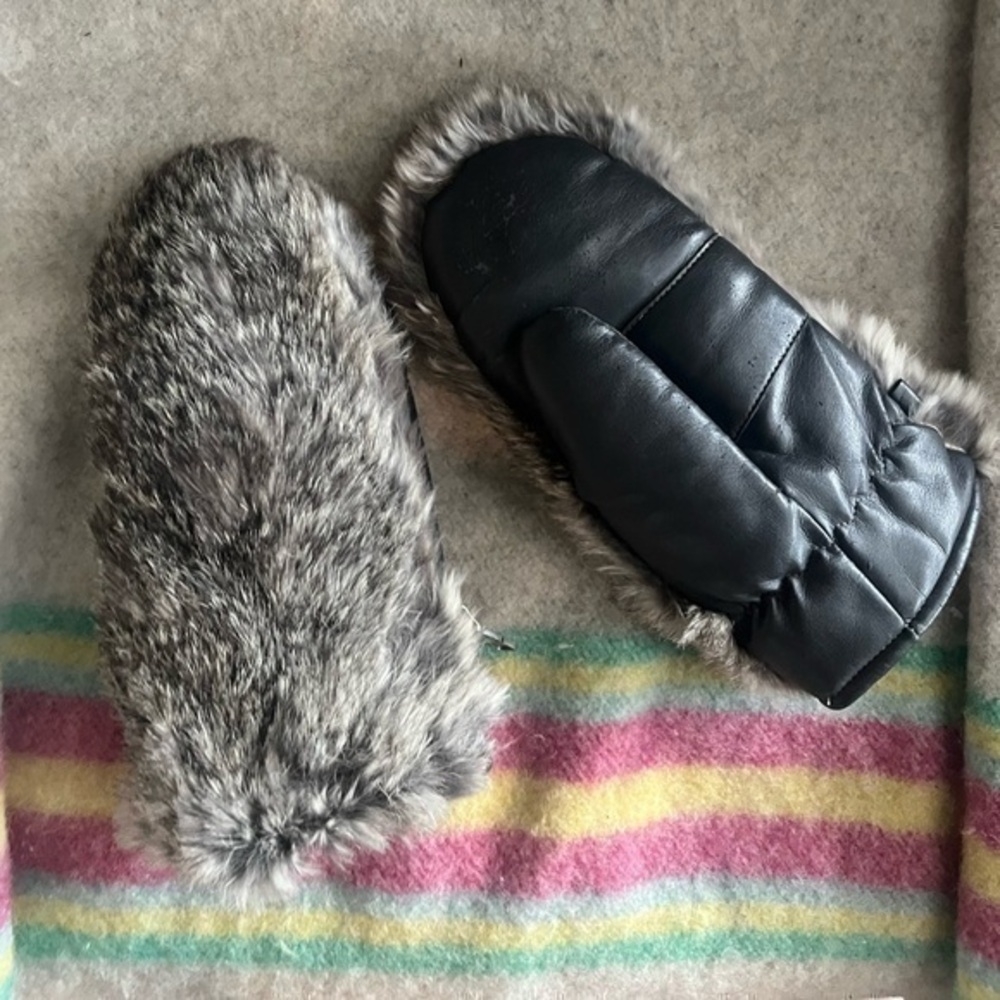 Rabbit Fur and Leather Mittens